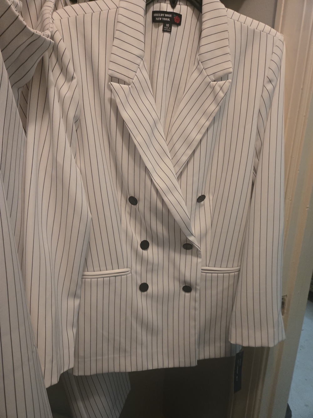 Shelley Rose White Pinstripe Double-Breasted Blazer